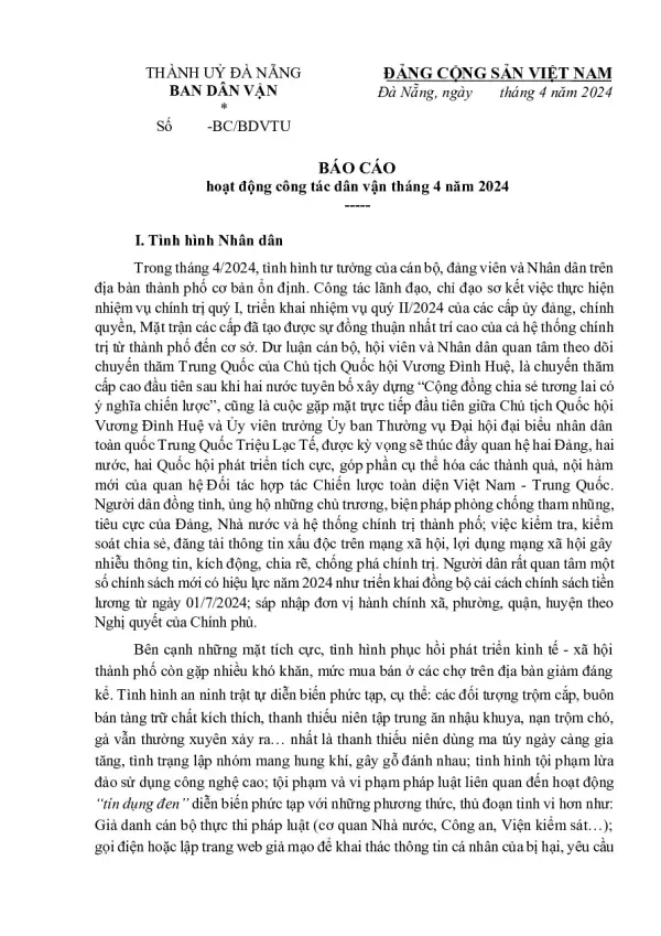 BÁO CÁO hoạt động công tác dân vận tháng 4 năm 2024